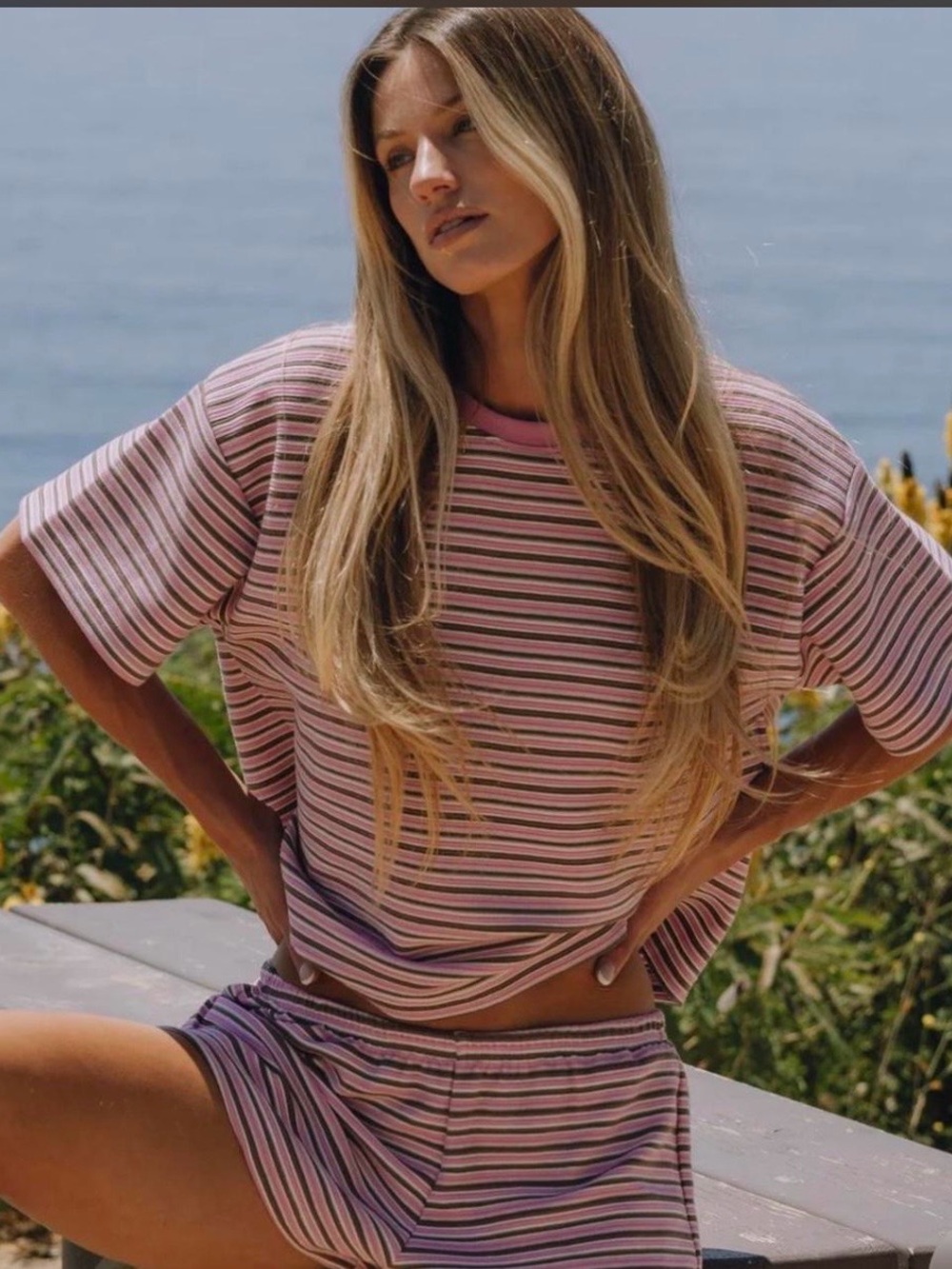 Daily Drills Striped Ribbed Relaxed Tee - Taffy and Mocha